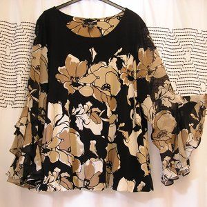 ALFANI Women Blouse black/cream with blouson hem and flutter sleeves 3x
